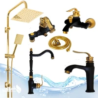 ست 6 عددی شیرالات اهرمی آیدا مدل بامبو مشکی طلایی (روشویی، ظرفشویی، توالت، حمام، شلنگ با علم دوش دوکاره استیل)