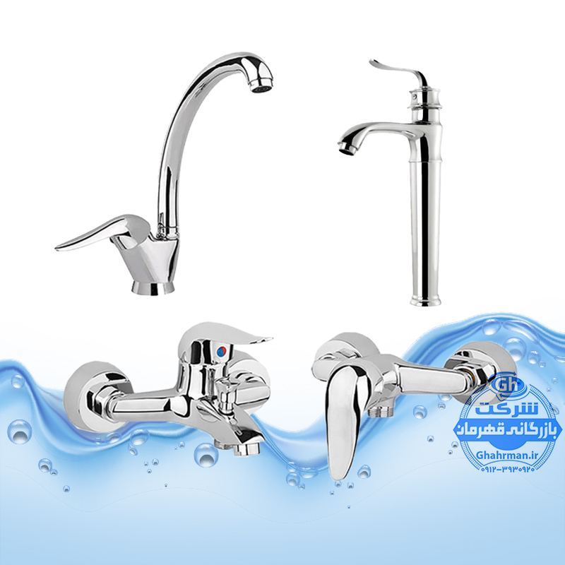 ست ۴ عددی شیرآلات برند آیدا صنعت مدل قهرمان | شیر روشویی پایه‌بلندشیر ظرفشوییشیر حمامشیر توالت | کروم براق