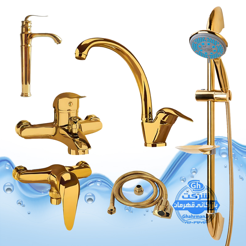 ست ۶ عددی شیرآلات برند آیدا صنعت مدل قهرمان | شیر ظرفشوییروشویی پایه‌بلند بامبوحمامتوالتعلم دوش یونیکاشلنگ توالت | طلایی براق