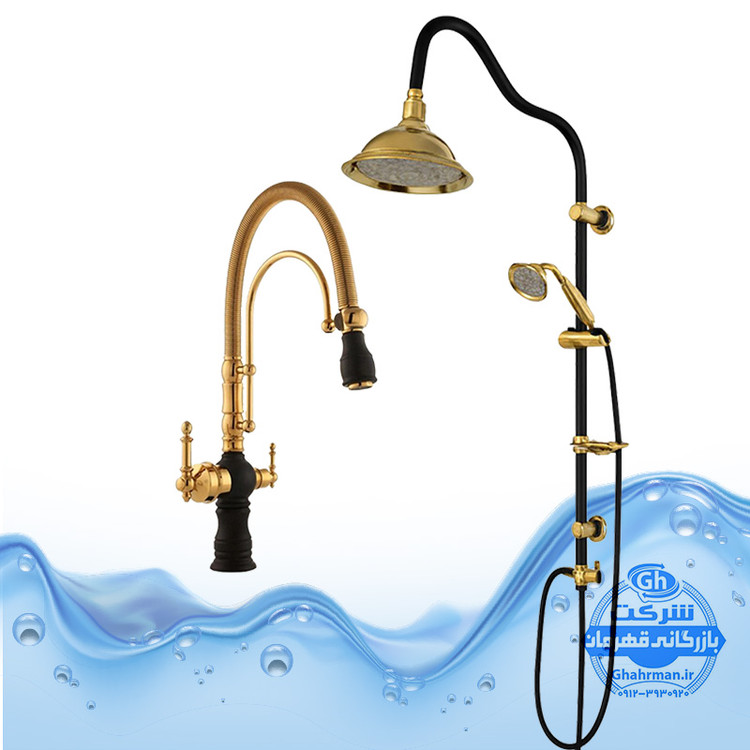 ست ۲ عددی شیر ظرفشویی مدل بیزانس دو منظوره و علم دوش یونیورست مدل شیپوری | مشکی طلایی | شیرآلات برند آیدا صنعت مدل دنیز