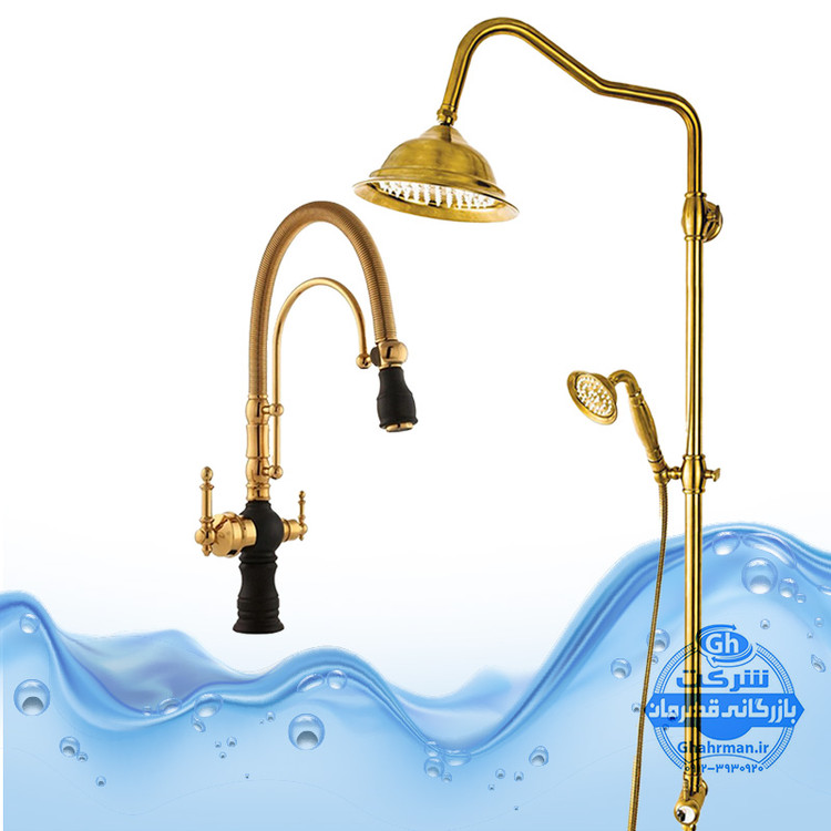 ست ۲ عددی شیر ظرفشویی مدل بیزانس دو منظوره و علم دوش یونیورست مدل شیپوری | مشکی طلایی | شیرآلات برند آیدا صنعت مدل دنیز
