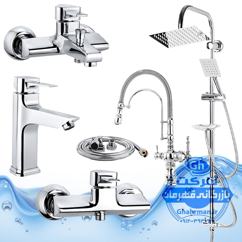 ست ۶ عددی شیرآلات برند آیدا صنعت مدل برمودا | شیر ظرفشویی بیزانس دومنظوره + روشویی + حمام + توالت + علم دوش صفحه‌استیل + شلنگ توالت | کروم براق ( استیل براق )