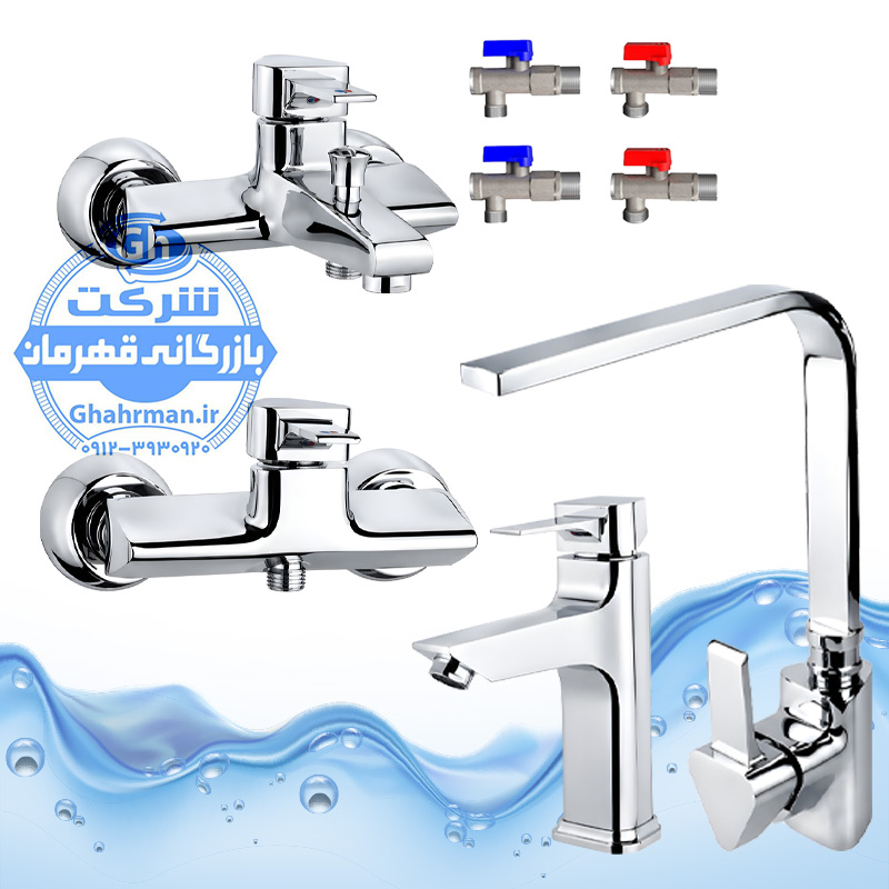 ست ۸ عددی شیرآلات برند آیدا صنعت مدل برمودا | شیر ظرفشویی + روشویی + حمام + توالت + چهار عدد شیر پیسوار دتاس | کروم براق ( استیل براق )